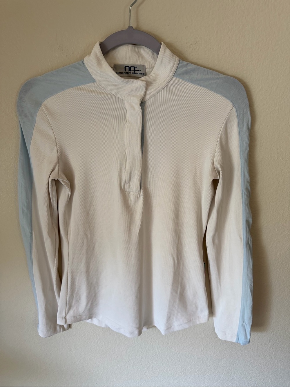 Alessandro Albanese Riding Cream Crewneck Top with Light Blue Shoulder Panels